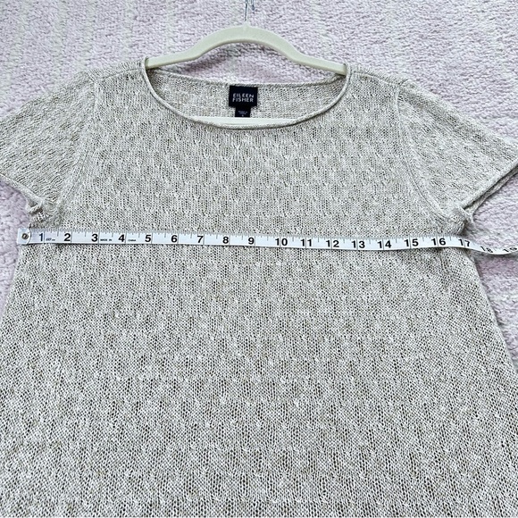 Eileen Fisher Tan and White Open Knit Tunic Top 100% Linen Size Small Neutral - Picture 7 of 11